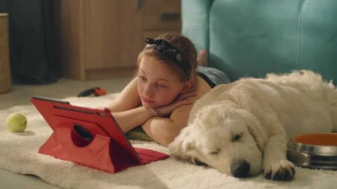 年轻女孩在狗睡觉时看电影