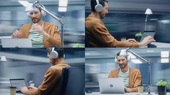 360度现代办公室: 白人商人坐在办公桌前在笔记本电脑上工作。男人戴着耳机，听音乐，播客。精力充沛的