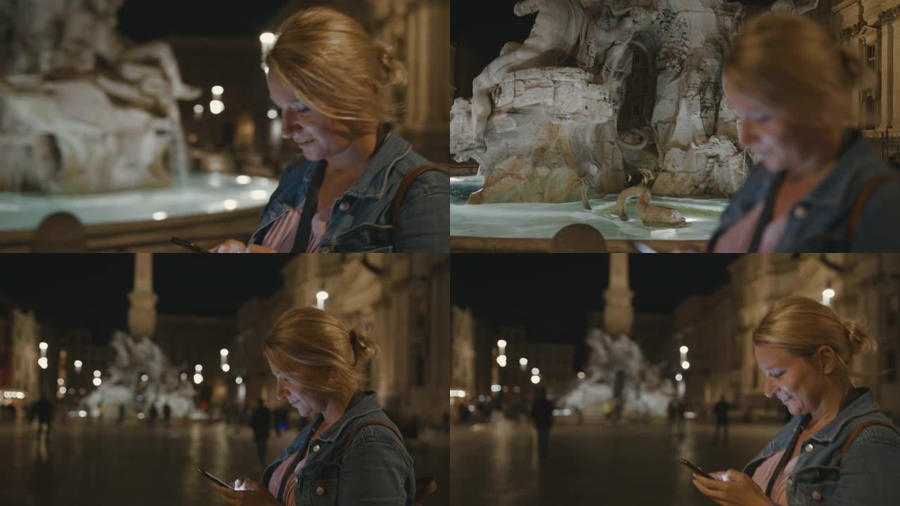 SLO MO女人在走过特雷维喷泉时使用智能手机
