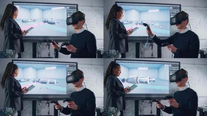 黑人老师在平板电脑上打字并监督她的学生在VR耳机和控制器中使用VR技术进行工业设计，开发，计算机上c