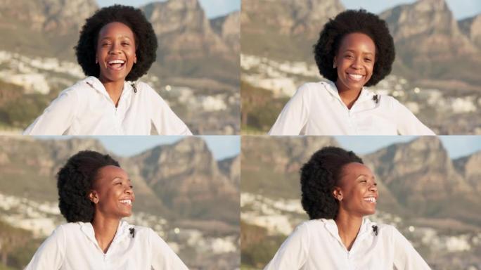 南非暑假时站在户外的黑人妇女的自然，幸福和微笑。一个美丽的非洲女孩在假期中在阳光下的幸福，年轻和肖像