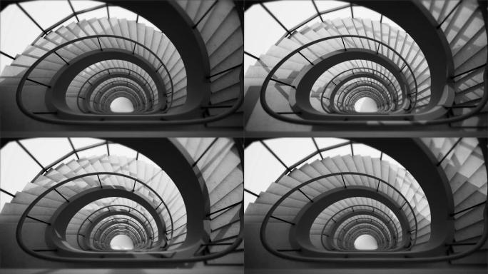 住宅建筑中的窄螺旋楼梯。白色光泽螺旋楼梯。单色抽象动画，3d渲染