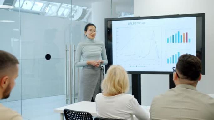 亚洲女商人使用数字板在会议室与一群人交谈