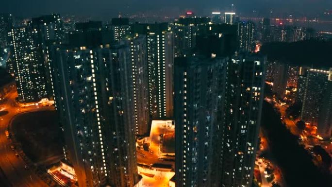 香港九龙湾区空中无人机夜景