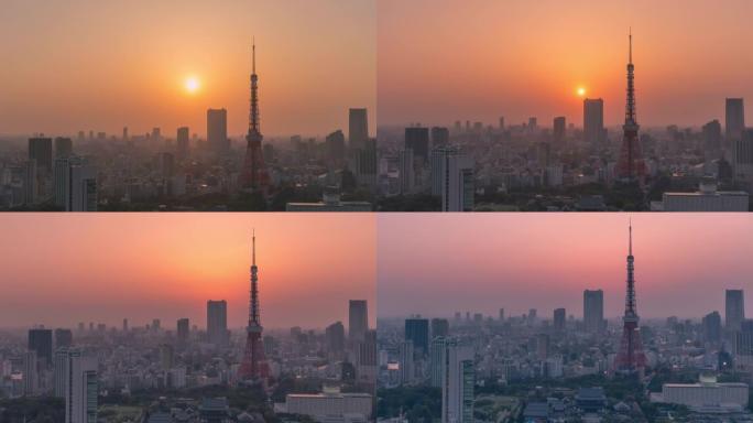 日本东京日落中的东京塔。