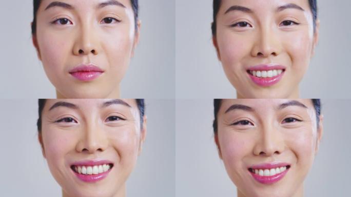 亚洲女人的慢动作，拥有美丽的脸庞和完美的皮肤，只是从杂质中清洁，用手轻轻地触摸它，以显示它是多么柔软