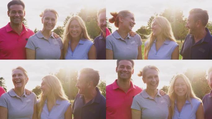 站在高尔夫球场上的成年夫妇一起玩耍的肖像