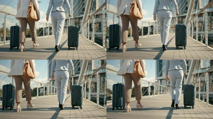 女人的腿带着旅行箱、行李行走，在度假、度假或公司旅行中行走。机场、航班预订和在城市桥上行走的商务人员