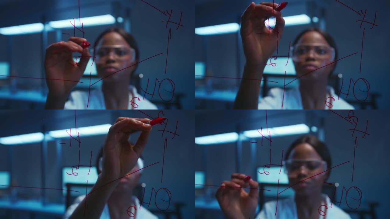 一个严肃的深色皮肤的女学生-化学家在实验室的玻璃板上写字的特写
