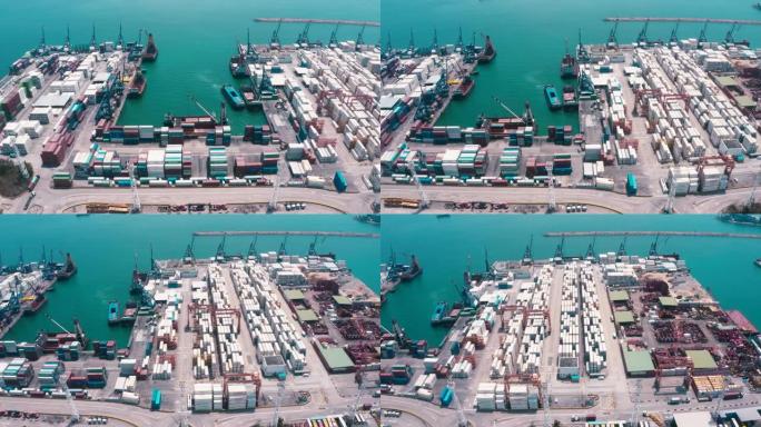 货船码头，货船码头的卸货起重机，带有集装箱和集装箱船的工业港口