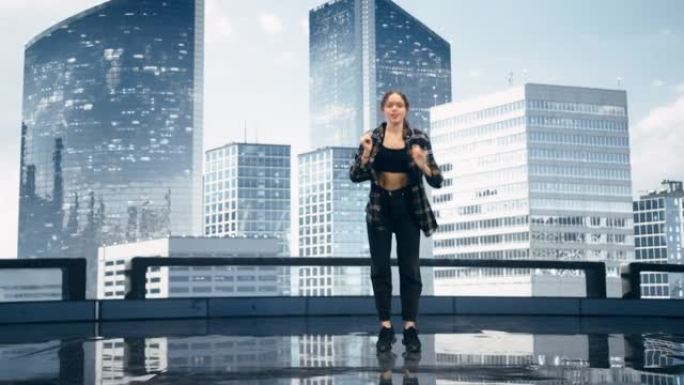 时尚的年轻专业女舞者在大型发光二极管墙壁屏幕前表演网络模因舞蹈套路，现代城市天际线和办公室摩天大楼在