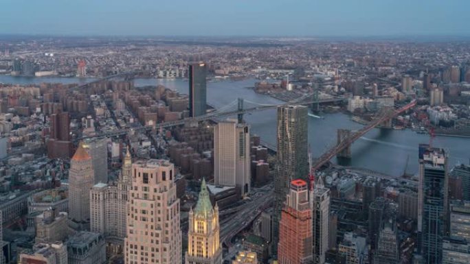 纽约城市景观和布鲁克林大桥的延时俯视图