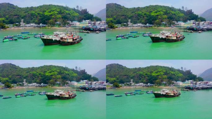 香港著名旅游地点大澳的航拍画面。大屿山传统渔村