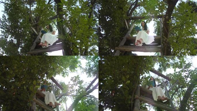 慢动作年轻女子在树屋上读书