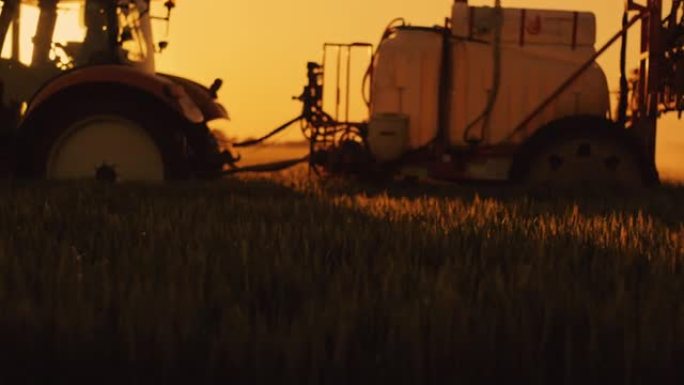 SLO MO Farmer在黄昏时用农作物喷雾器驾驶拖拉机穿过麦田
