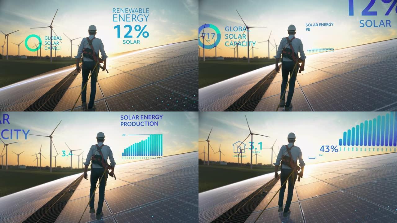 在带有风力涡轮机的可持续资源农场中，专业男工程师在太阳能电池板上行走的广告模型。VFX Infogr