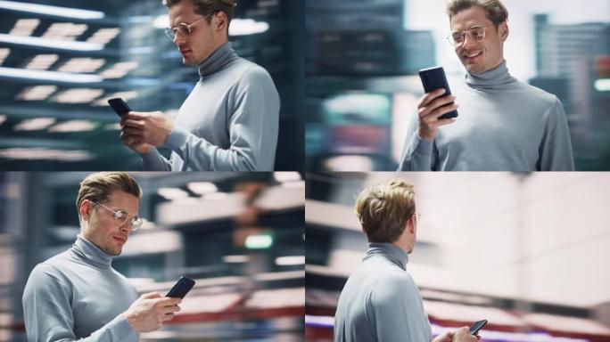 360度街道拍摄: 在大城市使用智能手机的高加索人的肖像。创意专业使用手机App进行电子商务投资，在