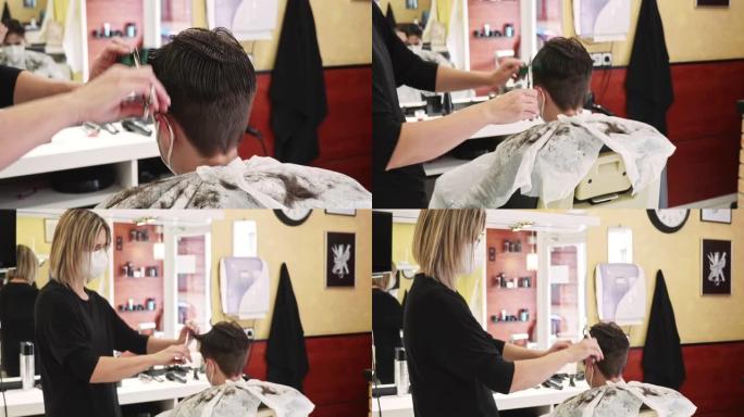 新型冠状病毒肺炎时代发型师剪发的实时视频