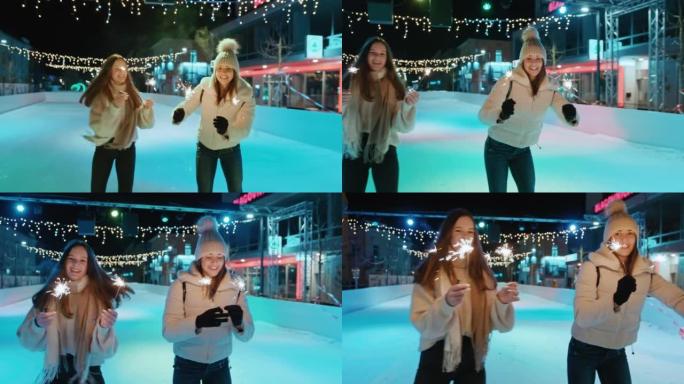 两名年轻女子在溜冰场上滑冰时手握烟火的肖像