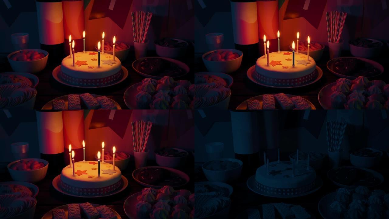 在儿童聚会上的生日蛋糕上吹灭蜡烛