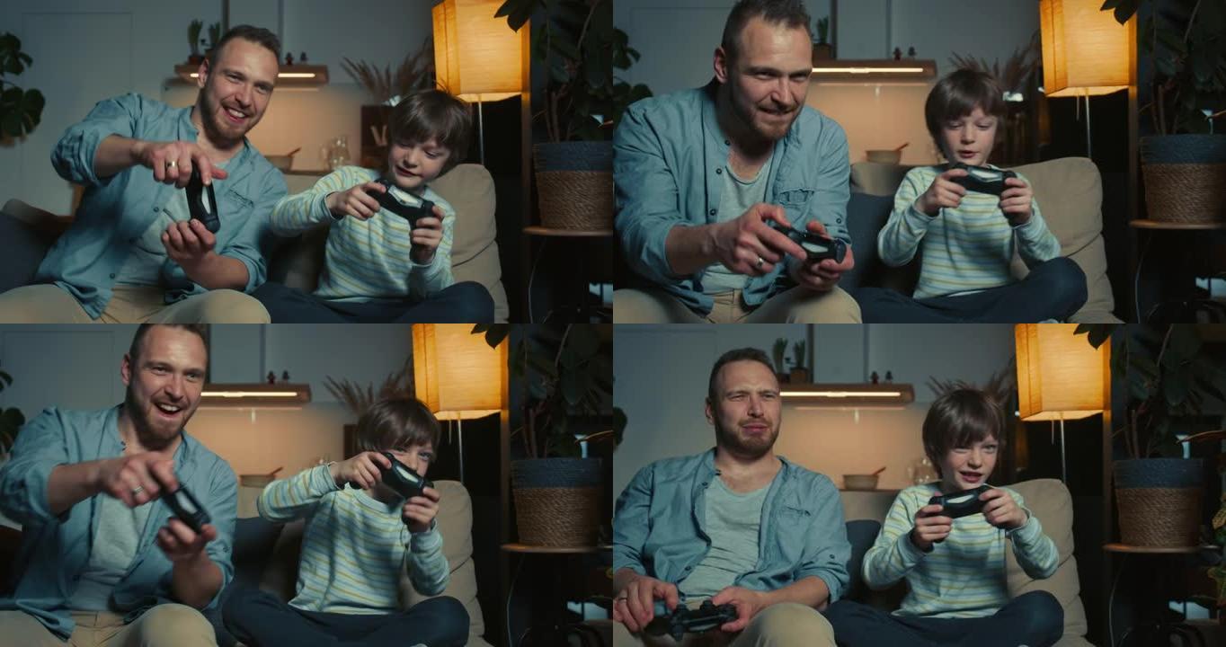 快乐的30多岁的年轻成年父亲玩游戏机玩得很开心，在家里输给了可爱的十几岁的男孩儿子。