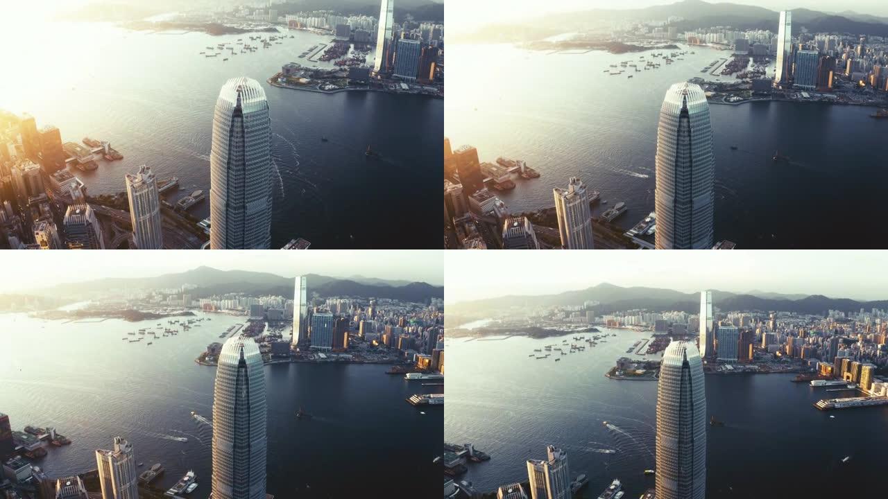 鸟瞰香港城市，海洋，九龙城和香港港口