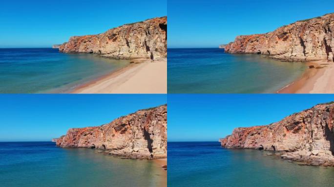 岩石海岸线和海洋蓝色海水天际线阳光沙滩