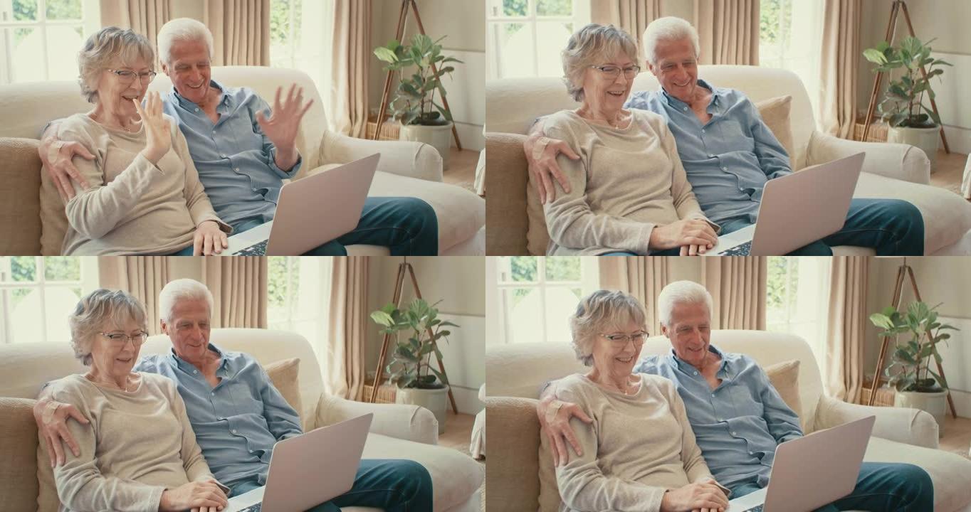一对深情的高级夫妇使用笔记本电脑在家中舒适地在线聊天的4k视频片段