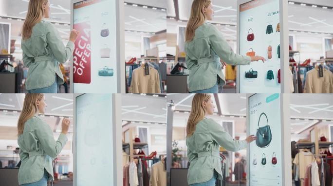 美丽的女性顾客在服装店购物时使用落地式液晶触摸显示器。她正在选择时尚的手袋，从系列中挑选不同的设计。