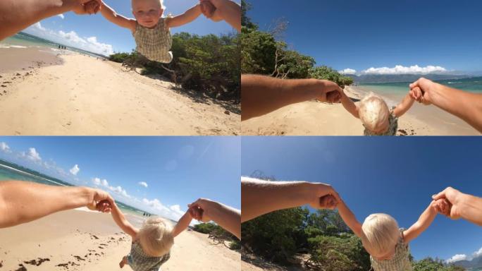 爸爸在热带海滩上玩耍和旋转小女儿的POV镜头
