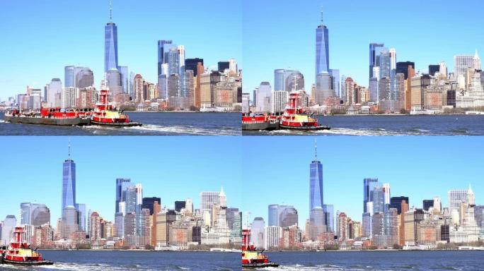平移镜头: 乘渡轮前往美国曼哈顿下城。旅游Torism城市景观和交通概念。