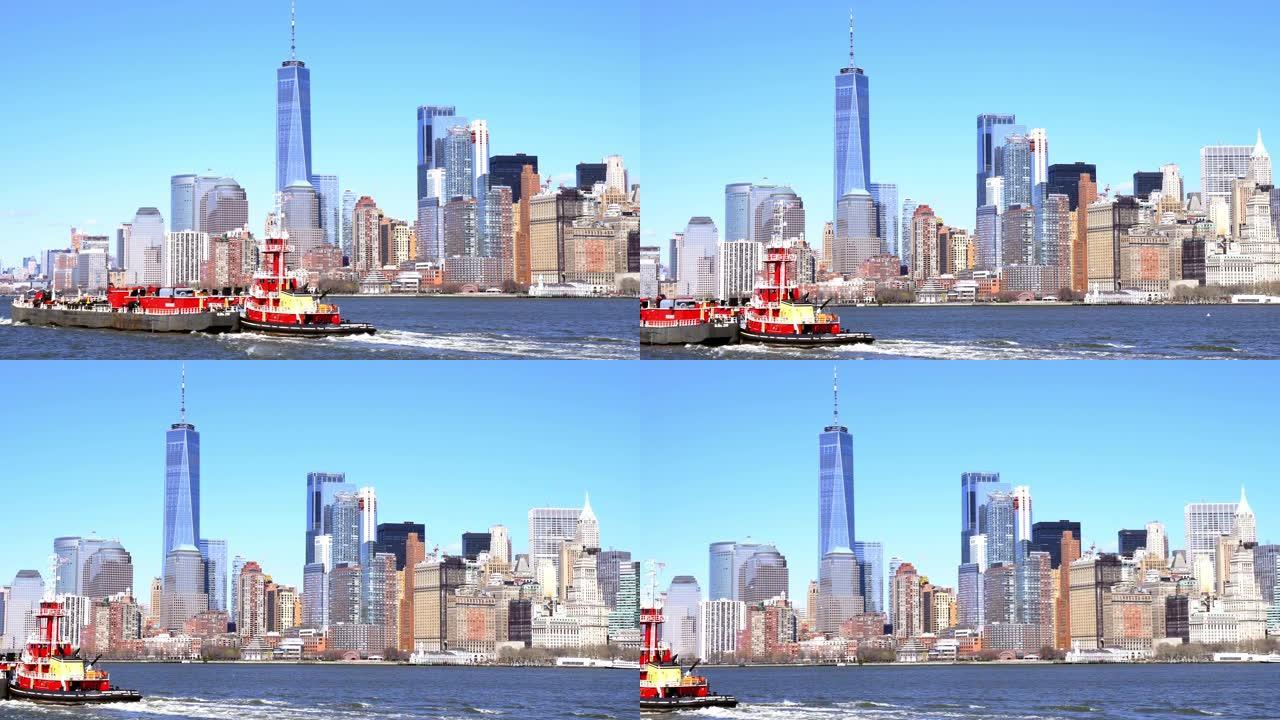 平移镜头: 乘渡轮前往美国曼哈顿下城。旅游Torism城市景观和交通概念。