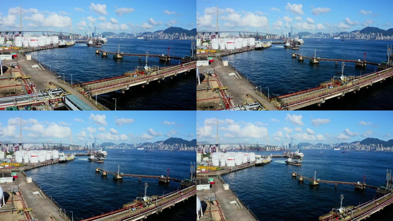 中国香港的油箱航拍上升海港素材运输通道