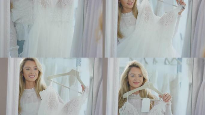 女人在新娘店里选择婚纱，看着镜子里的倒影-慢动作拍摄