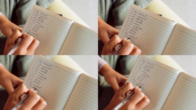 缩放，女人或学生的手在笔记本上写字以获取动力，在客厅和平或杂货店购物清单。有创意的女孩带着书学习，规