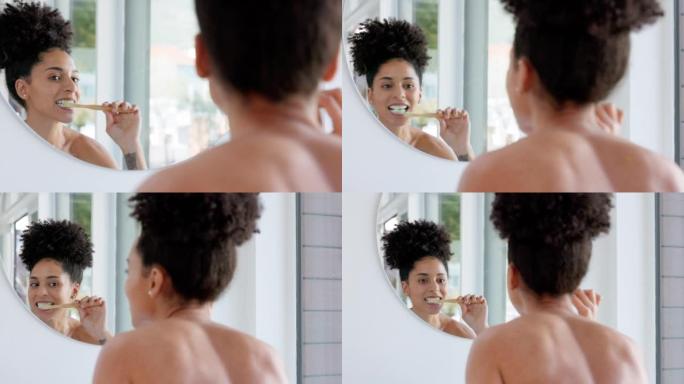 浴室，镜子反射和妇女刷牙的牙齿护理，卫生或自我护理常规。健康、牙刷和黑人女孩口腔清洁与牙齿美白牙膏保