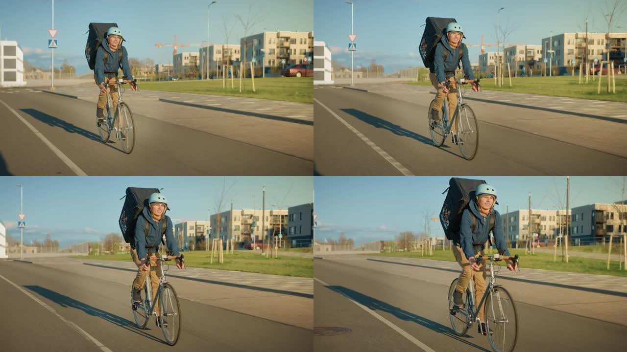 快乐的食品配送快递员穿着保暖背包骑着自行车在路上为客户交付订单和包裹。现代城市中阳光明媚的日子，拥有