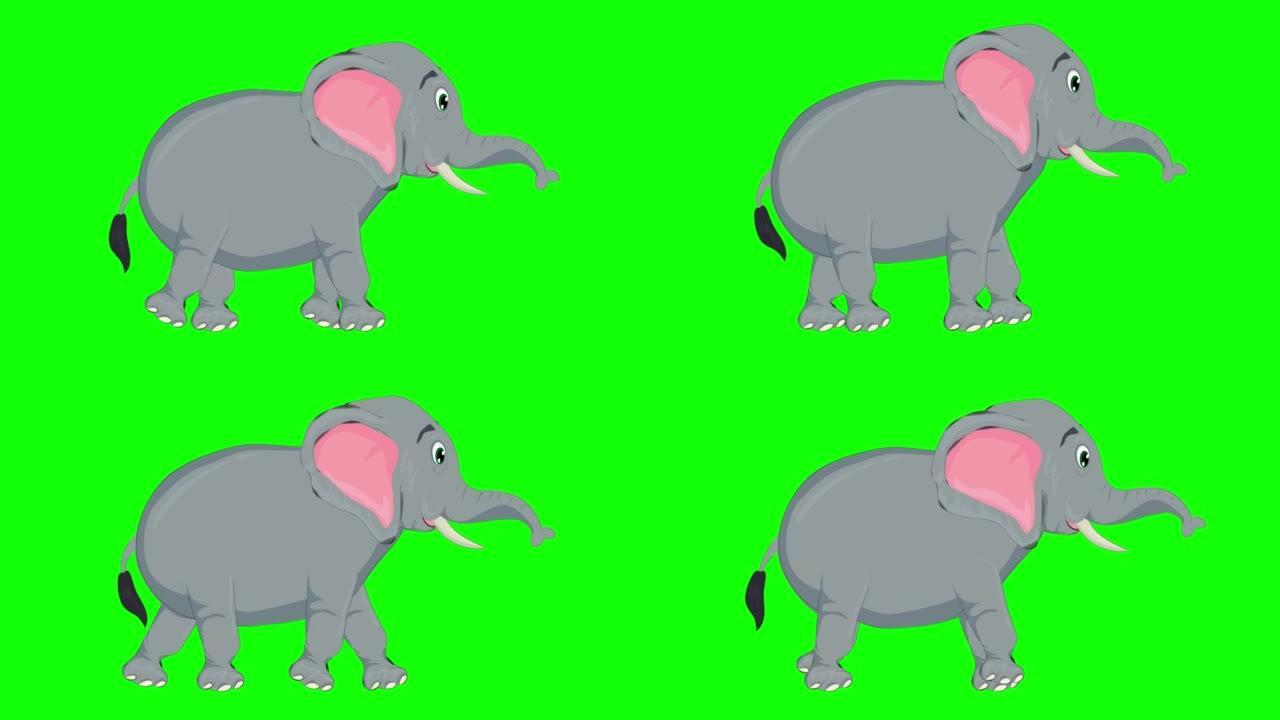 在绿色屏幕上运行可爱的大象卡通动画。动物，野生动物，游戏，返校，3d动画，电影，有机，色键，人物动画