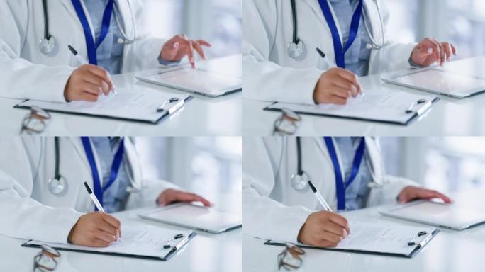 Doctor, tablet and writing prescription or report 