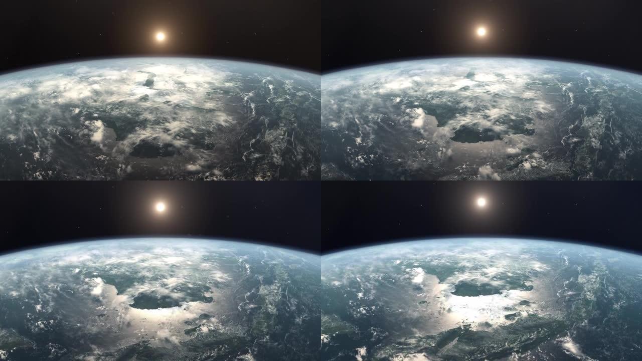 从轨道上看到的现实行星地球和太阳