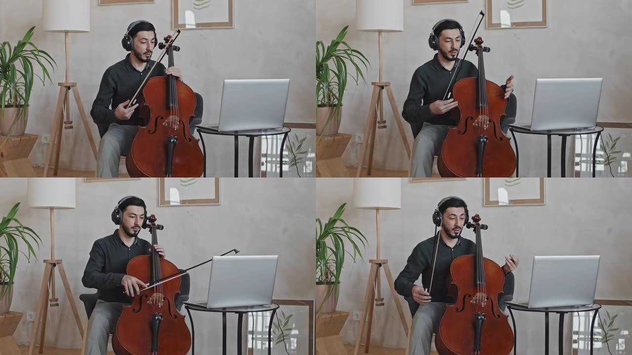 男子演奏低音提琴和录像
