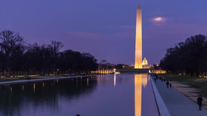 延时: 美国华盛顿特区带反射池日落的华盛顿纪念碑