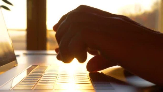慢动作，特写: 在清晨的阳光下，双手在笔记本电脑键盘上打字