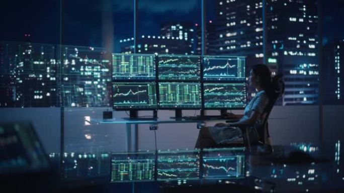 金融分析师在一台带有多显示器工作站的计算机上工作，该工作站具有实时股票，商品和交易所市场图表。晚上在