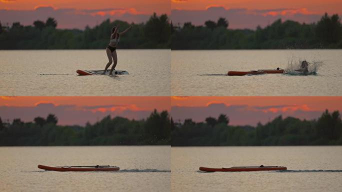 快乐的年轻女子在皮划艇时跳进河里