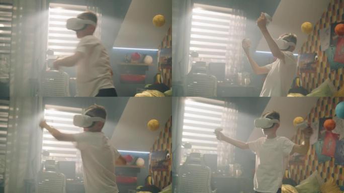 带VR眼镜和操纵杆的男孩玩格斗游戏攻击和防御手势