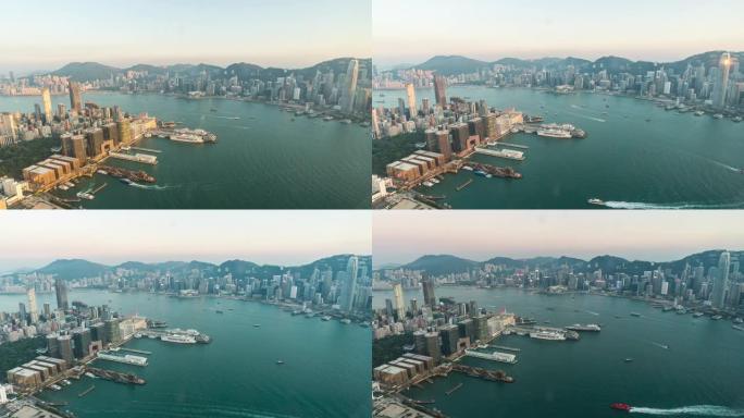 延时: 香港日落的九龙港湾鸟瞰图