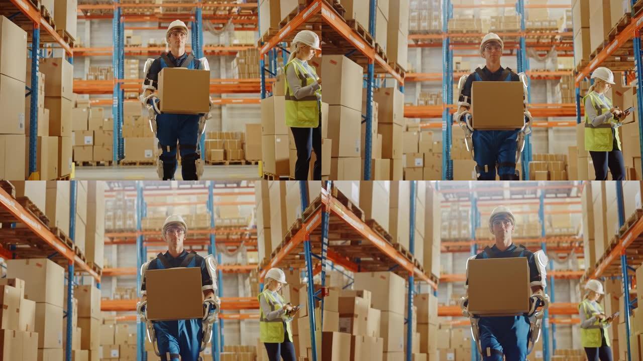 高科技未来派仓库: 工人穿着先进的全身动力外骨骼，带着沉重的纸箱行走。送货外衣放大了人的力量。慢动作
