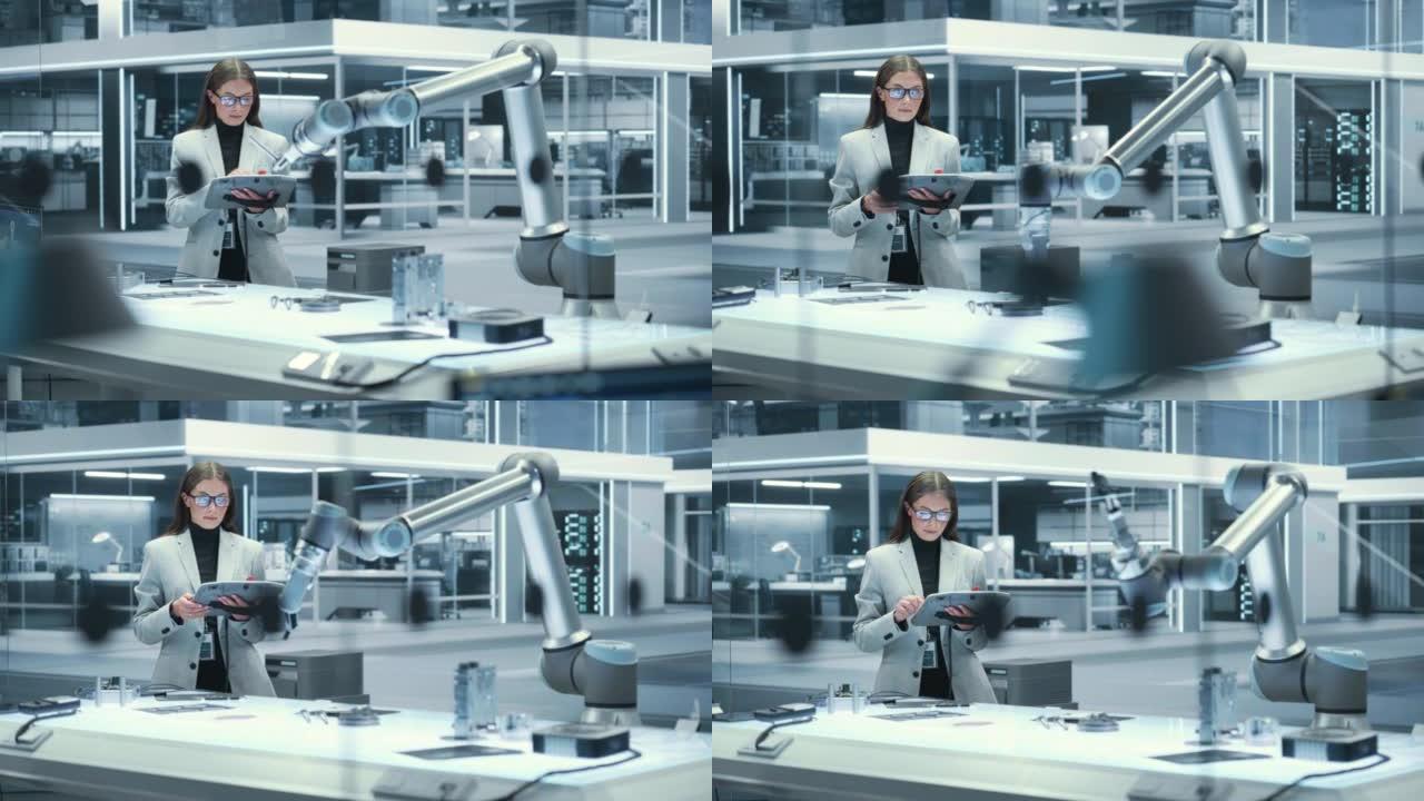 年轻漂亮的女工程师使用平板电脑，在高科技工业实验室中研究和开发具有现代设备的未来派机械臂机器。电影镜