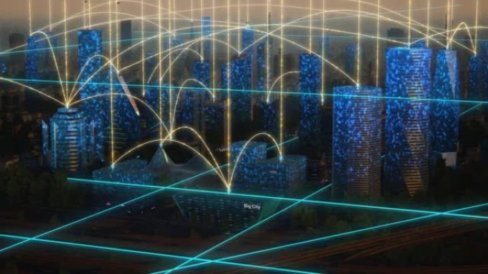 未来主义城市概念。日落时分，动画现代城市大都市的大镜头，渲染的摩天大楼显示了全球大数据连接，信息流和